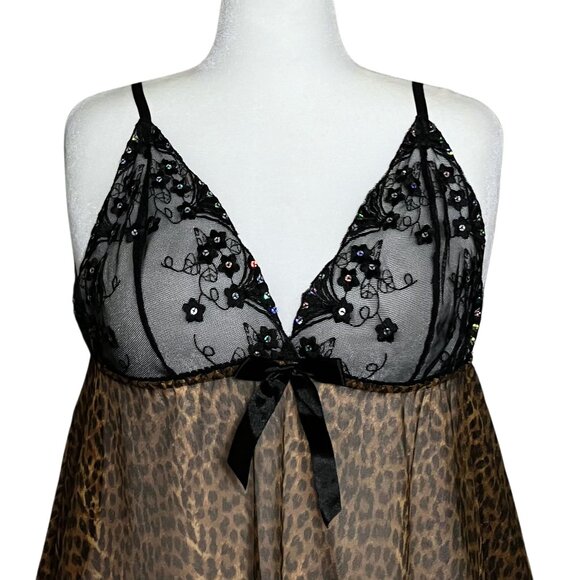 Y2K Sheer Leopard Print Babydoll Lingerie Slip Dress Sequins Bow Trashy2K Large - Picture 6 of 7